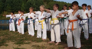Тренировки каратэ в летнем лагере.