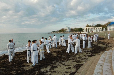 Тренировка каратистов на берегу моря