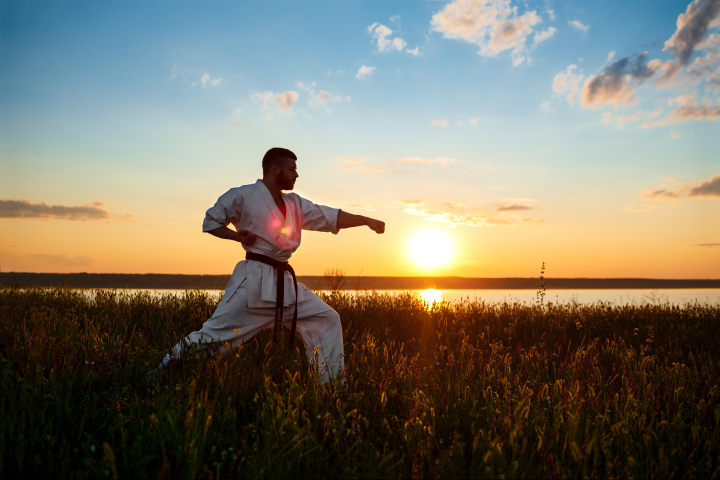 1714383750 silhouette sportive man training karate field sunrise