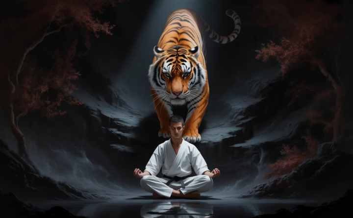 спокойный тигр и медитирующий мастер каратэ