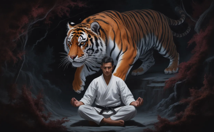 каратист медитирует, а сзади крадется тигр