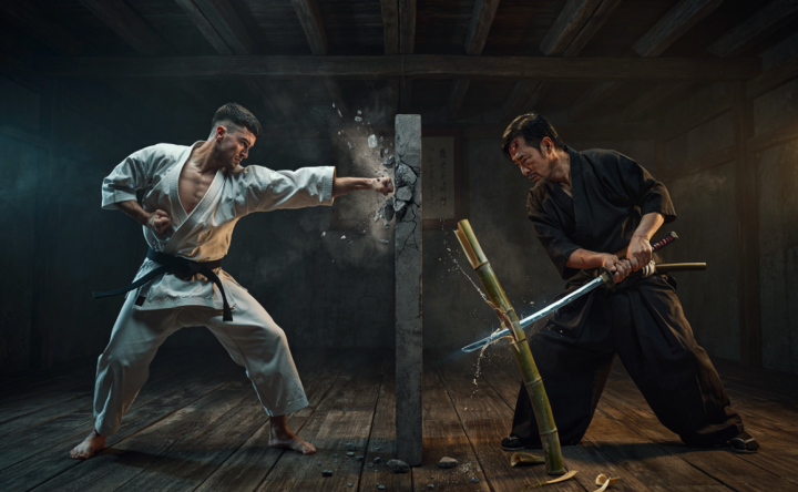 A brutal and powerful split-screen cinematic illustration conceptually merging Tameshigiri and Tameshiwari. On the left side, a muscular, focused modern Kyokushin karateka fighter in a tattered white gi mid-action, shattering a thick concrete block with a devastating seiken punch, fragments of stone, dust, and sweat flying dramatically in the air. On the right side, a gritty, battle-worn Samurai warrior mid-swing, performing an ultra-sharp Tameshigiri cut, cleanly slicing through a thick vertical bamboo stalk with a glowing steel Katana blade, water droplets spraying from the cut. High-contrast chiaroscuro lighting, deep shadows, raw textures, hyper-detailed skin, stone cracks, and fabric fibers. Dark, gritty dojo background. Aggressive, intense, epic martial arts atmosphere, 8k resolution, photorealistic,