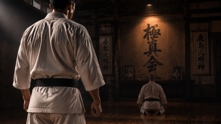 A cinematic, dramatic sports photography shot inside a traditional Japanese Kyokushin Karate dojo. A close-up focus on a fighter from behind, wearing a traditional white dogi. Tied around his waist is a high-quality black belt with two distinct gold stripes (2nd Dan), but the focus shifts slightly to showcase a reflection or a shadow of a humble white belt. The fighter is in a deep Zen meditation position (Seiza) or standing in an intense ready stance (Fudo Dachi) facing a wooden wall with the Kyokushin kanji symbol. Moody overhead lighting, visible dust motes in the light beams, sweat drops, intense atmosphere, realistic texture of the canvas gi, high contrast