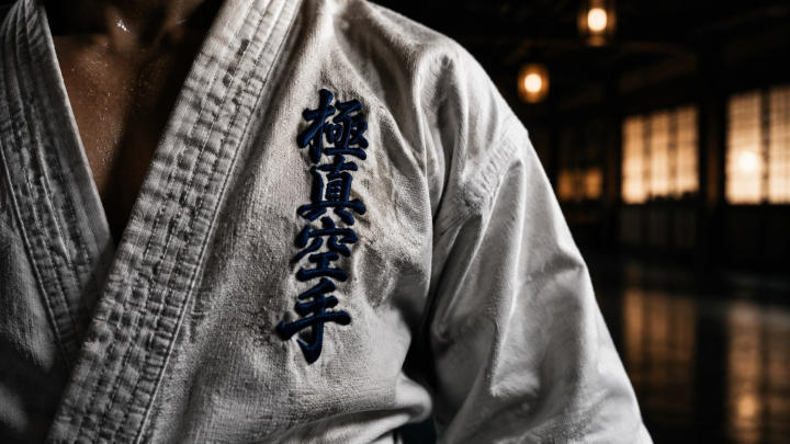 Cinematic close-up shot of a traditional karate gi (dogi) chest area. On the left side, the iconic Kyokushin karate kanji calligraphy is elegantly embroidered in dark blue threads. The fabric of the gi is thick, woven white cotton, showing realistic texture with slight wear and sweat drops from intense training. Dark, moody dojo background with warm bokeh lights from wooden windows.