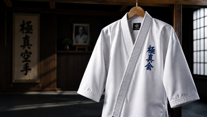 A crisp white Kyokushin karate dogi (karate uniform) hanging neatly on a wooden hanger against a minimalist, dark authentic dojo background. Soft dramatic side lighting highlighting the clean, dense texture of the cotton fabric. A sharp blue Kyokushin kanji embroidery on the chest is clearly visible.