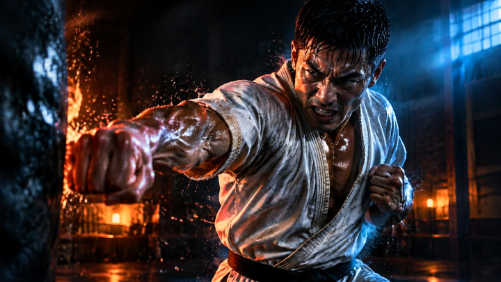 Cinematic intense action shot of a professional Kyokushin karate fighter, mid-punch, sweat and water droplets flying off his body. Gritty, raw, dark and moody dojo background with dramatic volumetric lighting. Neon orange and electric blue highlights cutting through shadows. High contrast, hyper-detailed muscles, veins popping, physical exhaustion combined with unstoppable power.