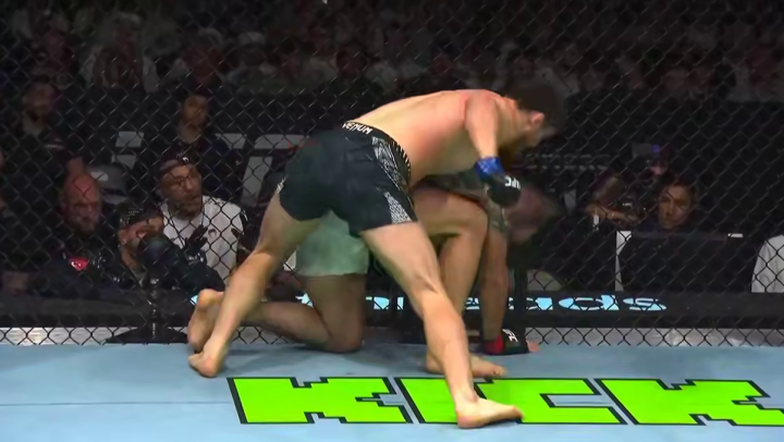 Боец UFC в партере наносит мощный удар сверху по лежащему на настиле сопернику внутри восьмиугольной клетки октагона на глазах у зрителей и секундантов.